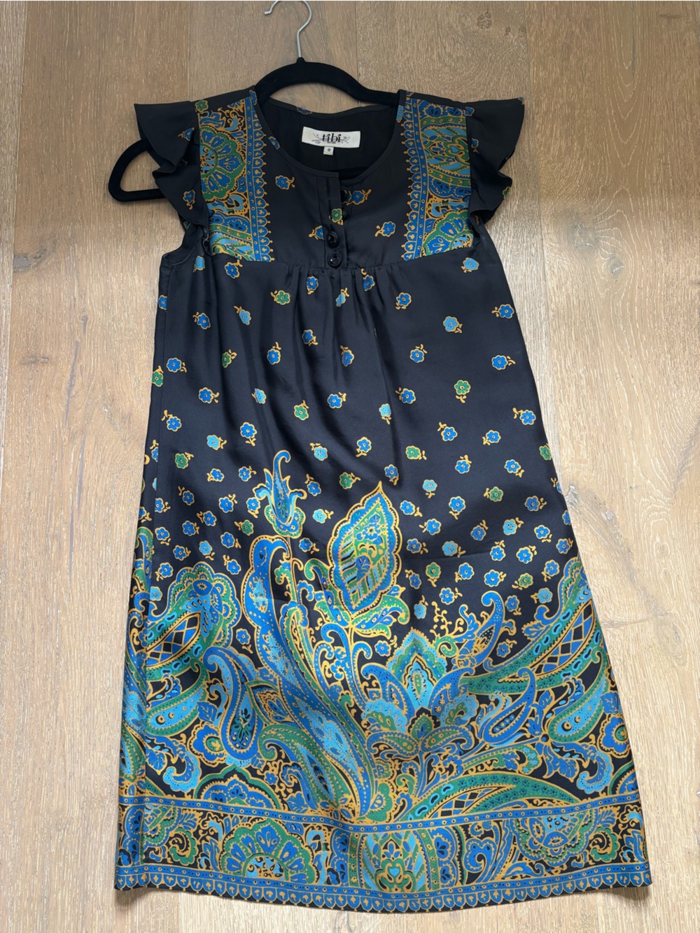 Tibi Paisley Print Maxi Dress in Black and Teal silk 0